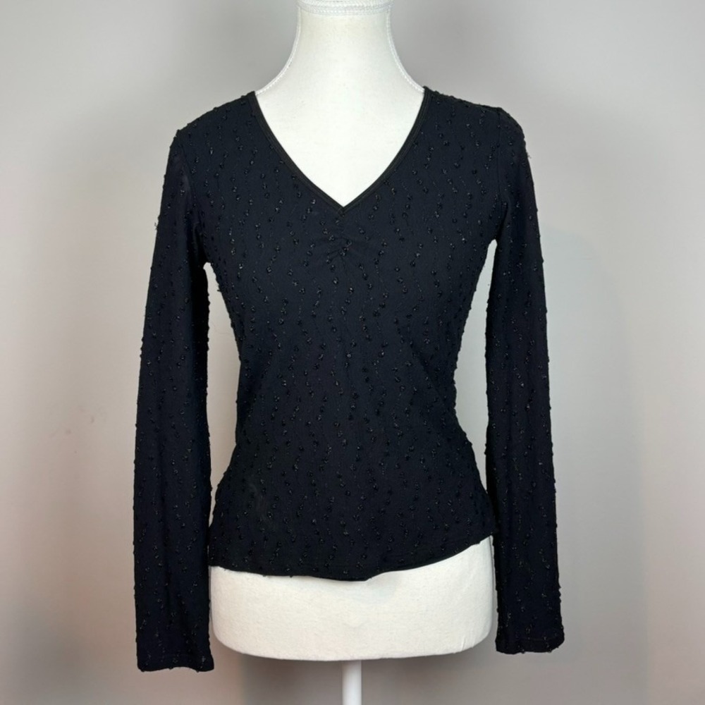 VTG Hot Kiss Black Lined Sheer Back Whimsigoth Stretch Long Sleeve Top Women MED